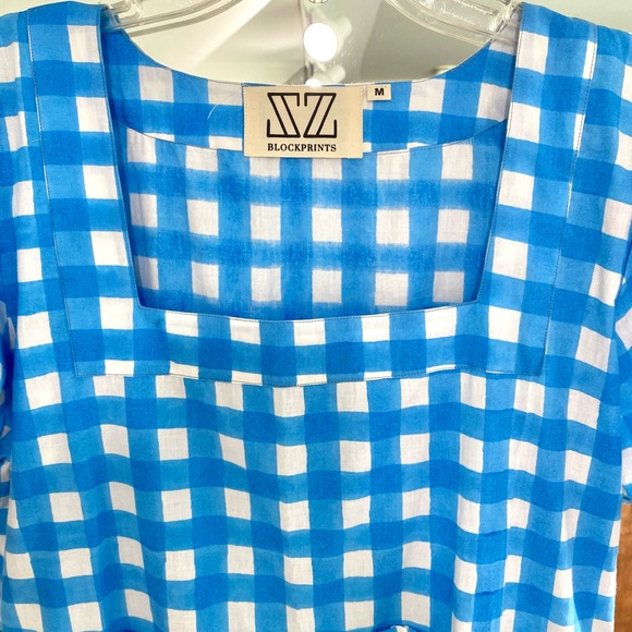 SOLD SZ Blockprints Tuckernuck Divya Cotton Midi Puff Sleeve Dress Gingham Blue - Picture 10 of 14